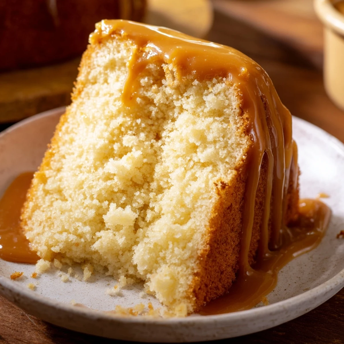 A close-up of a soft and aromatic golden honey pound cake, perfect for a special gathering.