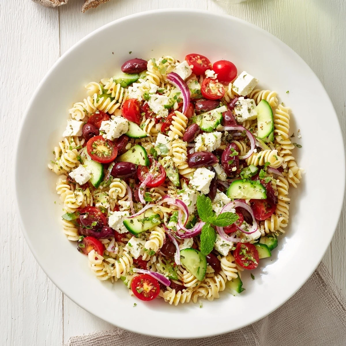 A bowl of Mediterranean Olive Oil and Feta Pasta Salad, showing fresh vegetables and creamy feta.