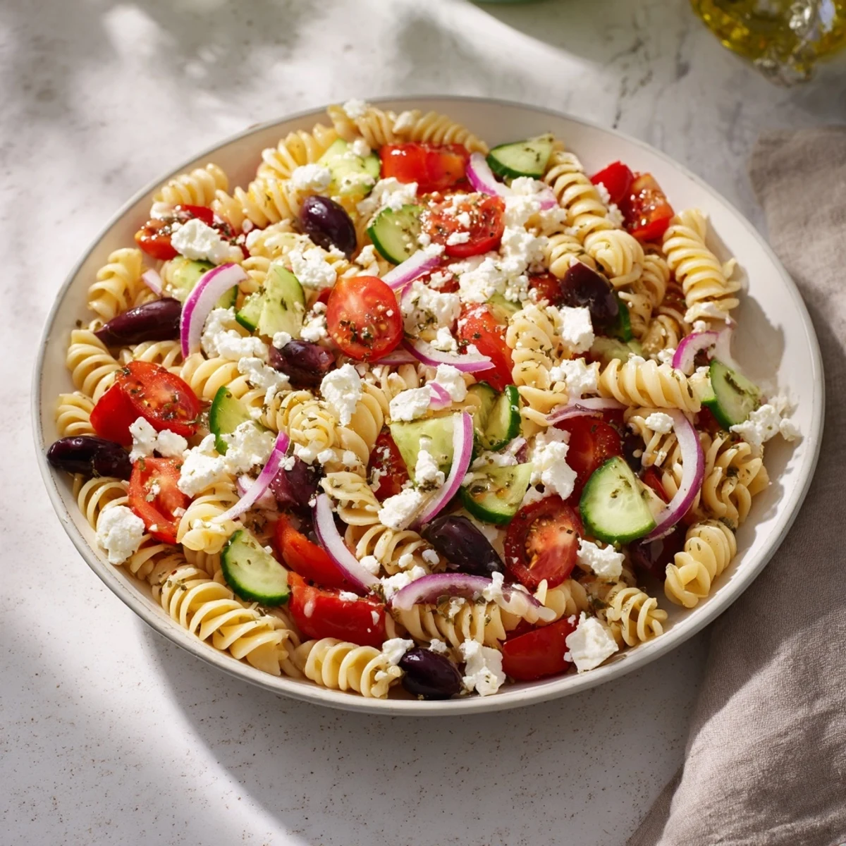 Zesty Mediterranean Olive Oil and Feta Pasta Salad, a delicious vegetarian meal served chilled.