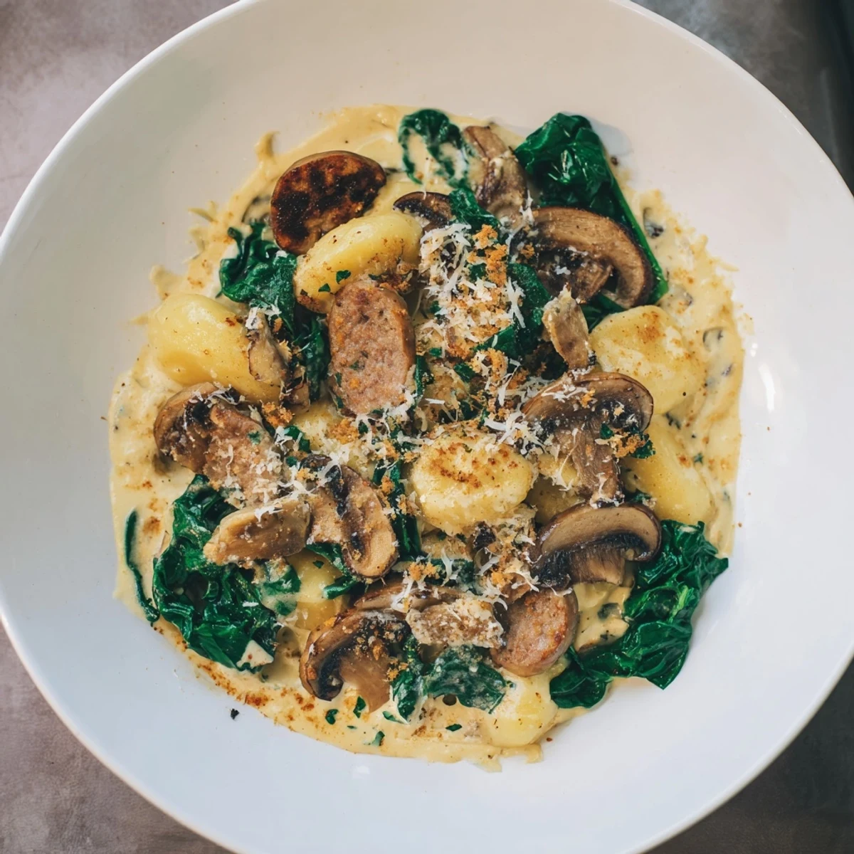 Fragrant, creamy Woodsy Skillet Sausage and Mushroom Gnocchi, glistening and ready to scoop directly from the skillet to your plate.