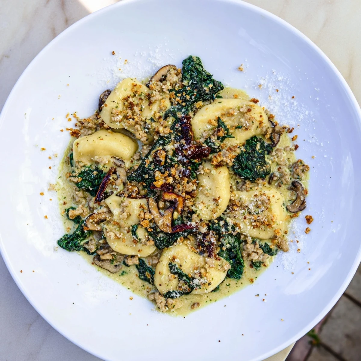 Appetizing bowl of Woodsy Skillet Sausage and Mushroom Gnocchi highlights pillowy gnocchi cooked in a creamy, flavorful broth ready to eat.
