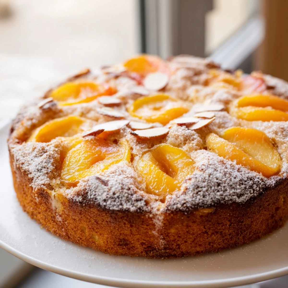 A slice of warm, inviting Soft Sweet Plum-Infused Almond Cake showcases juicy plums.