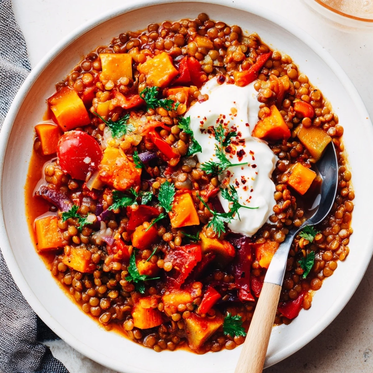 Steaming Wheat-Warm Hearty Lentil Curry with vibrantly colored vegetables and fresh cilantro, a delightful meal.