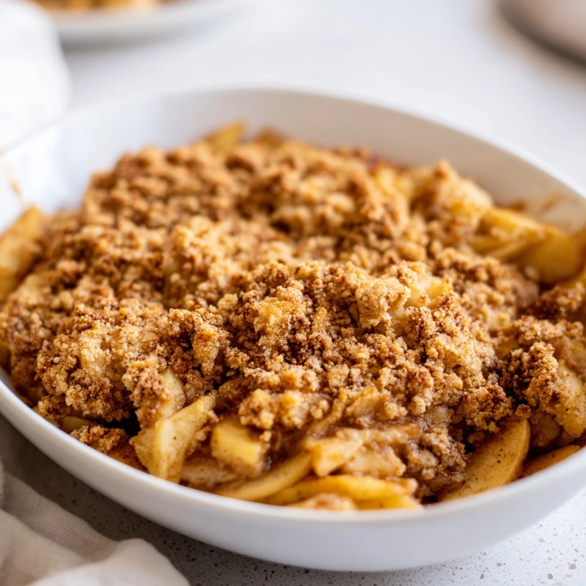 Warm Rustic Apple and Cinnamon Crumble bubbling, a golden dessert with sweet, tender apples visible.