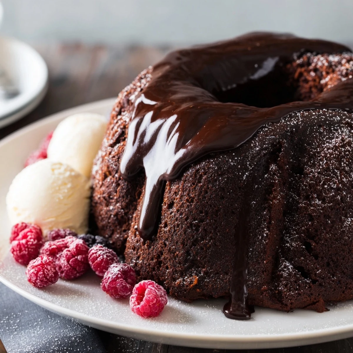 Perfectly baked cocoa-warm dark chocolate lava cakes topped with fresh berries and whipped cream.