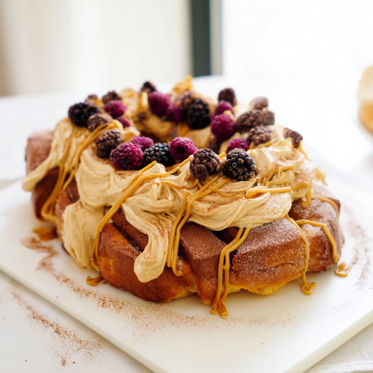 Golden, bubbly Soft Spice Baked French Toast Casserole, ready to be drizzled with maple syrup.