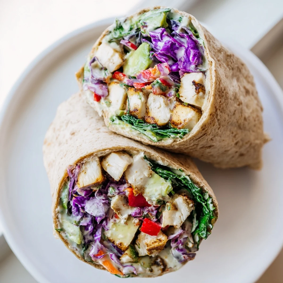 Freshly assembled Poppy-Inspired Chicken Salad Wraps with crisp greens, perfect for a quick lunch.