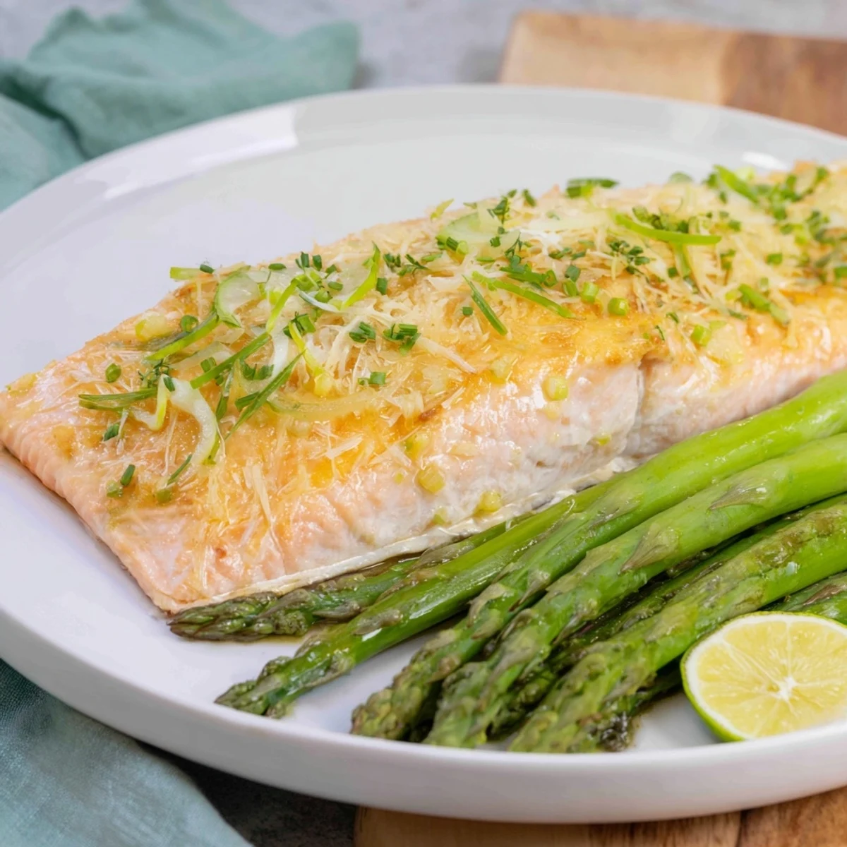 Golden, flaky Skillet Lemon-Butter Salmon served with bright green asparagus and fresh lemon slices.