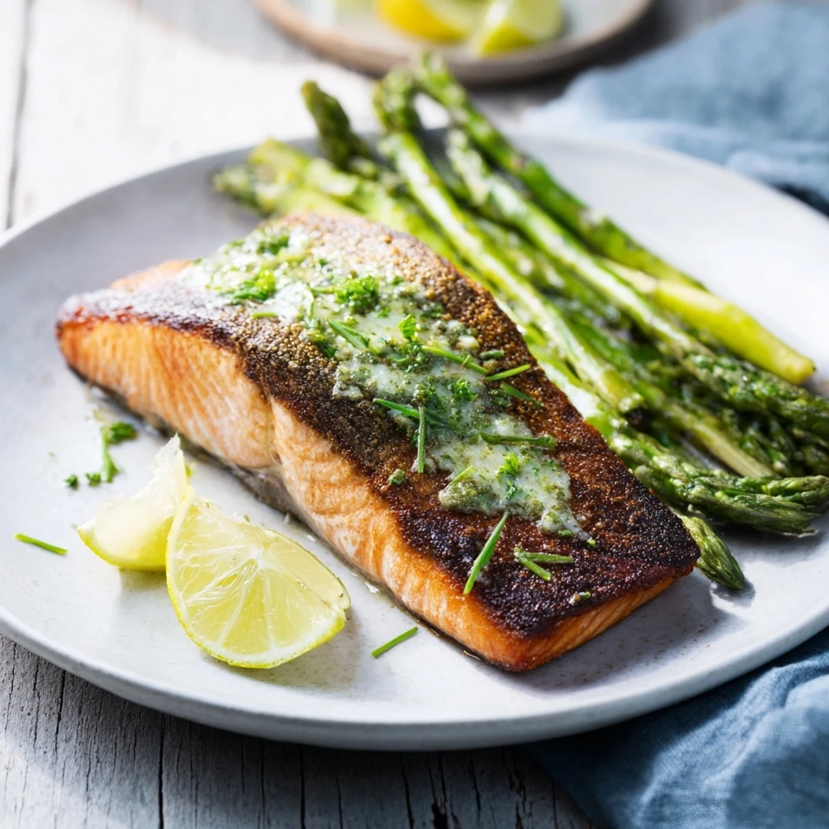 Juicy Skillet Lemon-Butter Salmon with glistening sauce, asparagus, and a sprinkle of parsley; a quick, easy meal.