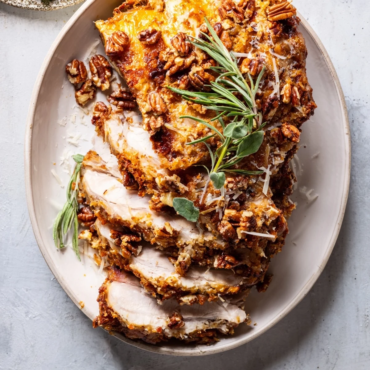 Golden-brown thyme and pecan crusted pork tenderloin, sliced and ready to serve with roasted vegetables.