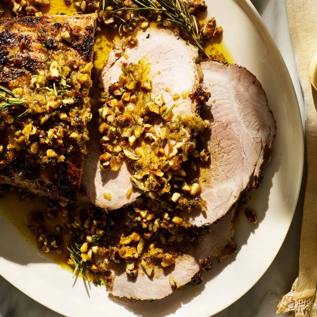 Close-up of a flavorful thyme and pecan crusted pork tenderloin, showing a crispy crust and juicy interior.