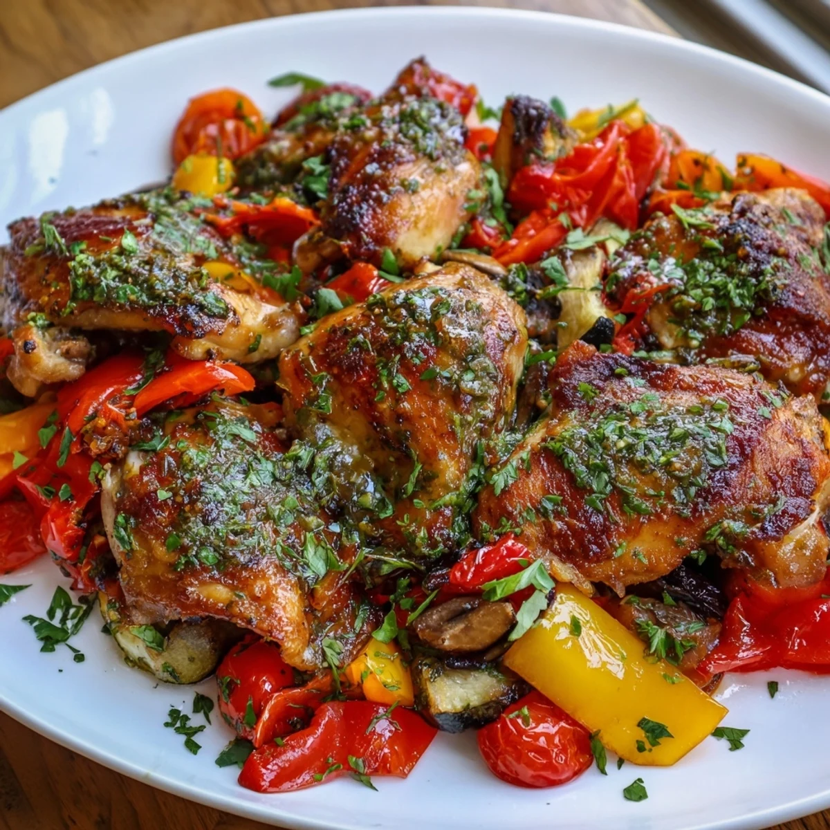 Golden brown roasted vegetables and flavorful Basil-Soft Chicken Sheet Pan Dinner, a complete meal on one pan.
