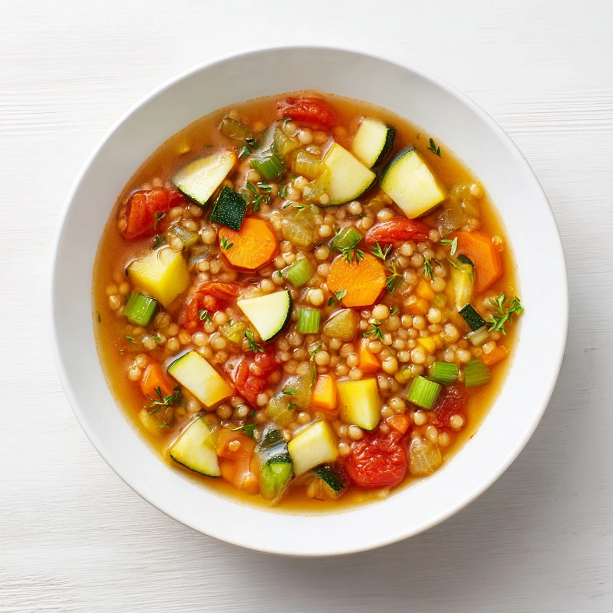Steaming bowl of Simple Homemade Grain and Vegetable Soup, thick with barley and vibrant vegetables.