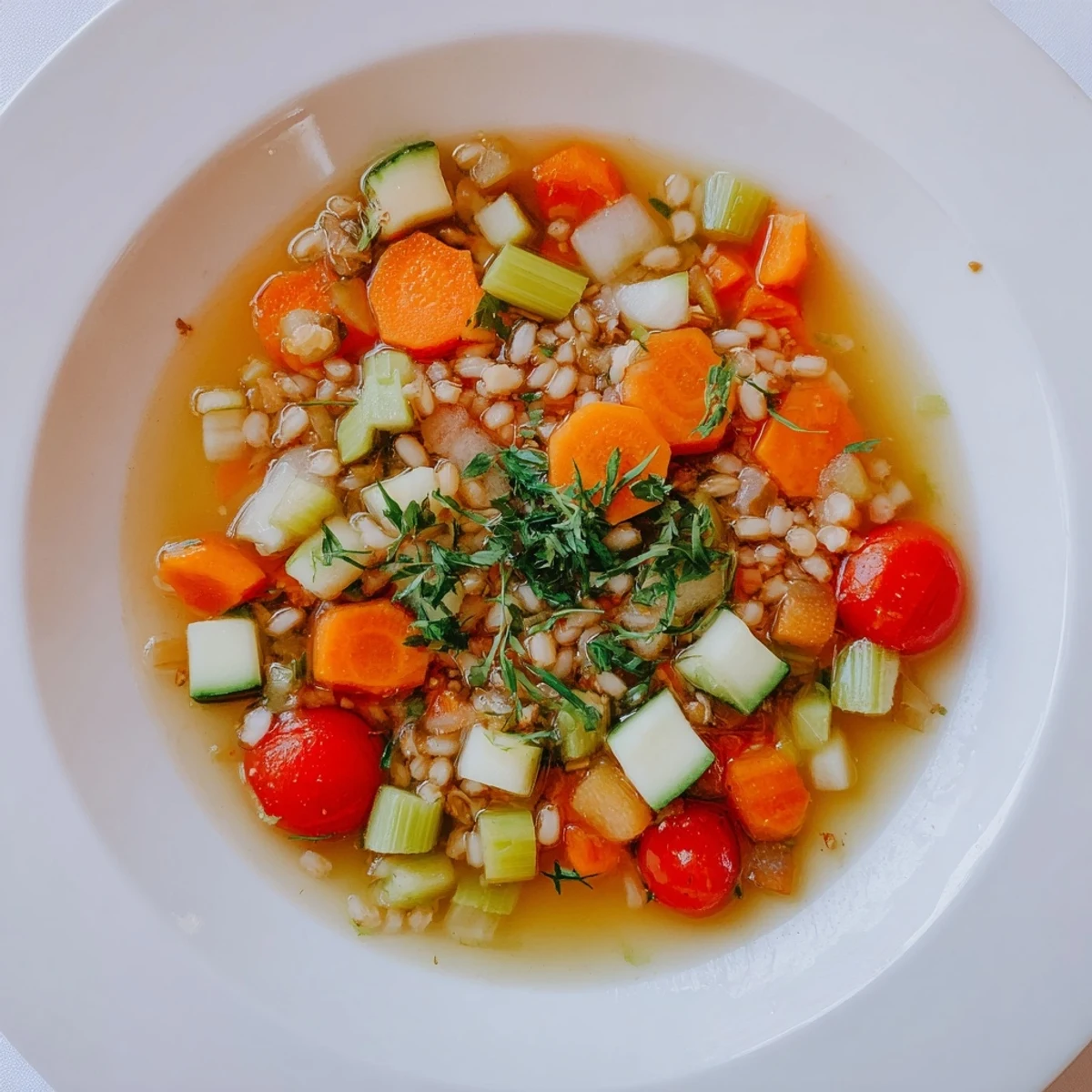 A close-up of a flavorful Simple Homemade Grain and Vegetable Soup, perfect for a cozy, healthy dinner.
