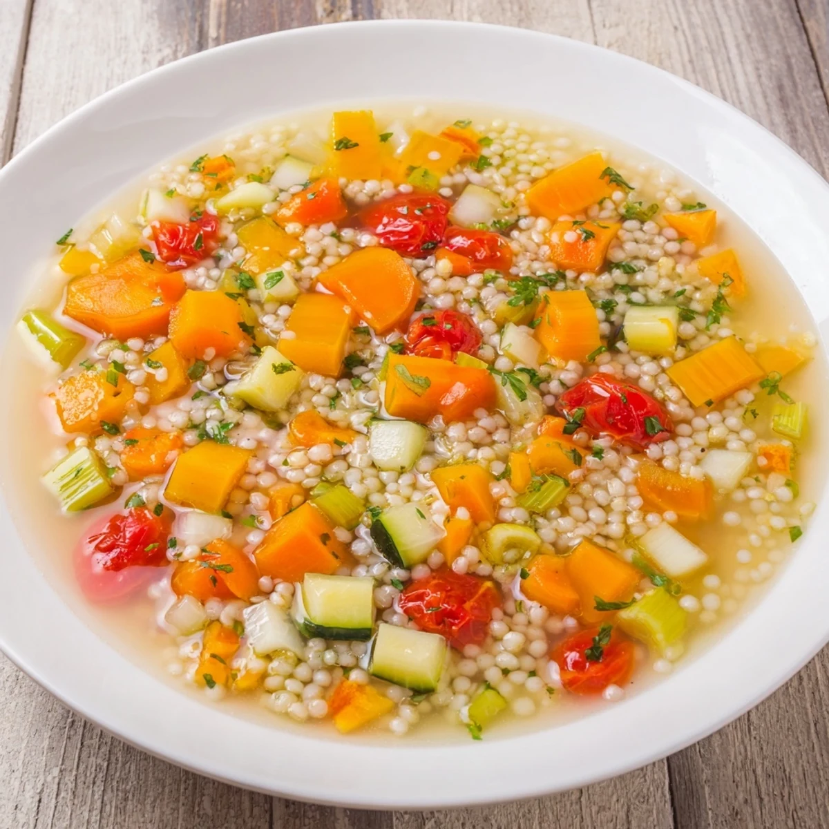 Spoonful of Simple Homemade Grain and Vegetable Soup: bursting with color, delicious barley, and fresh herbs.