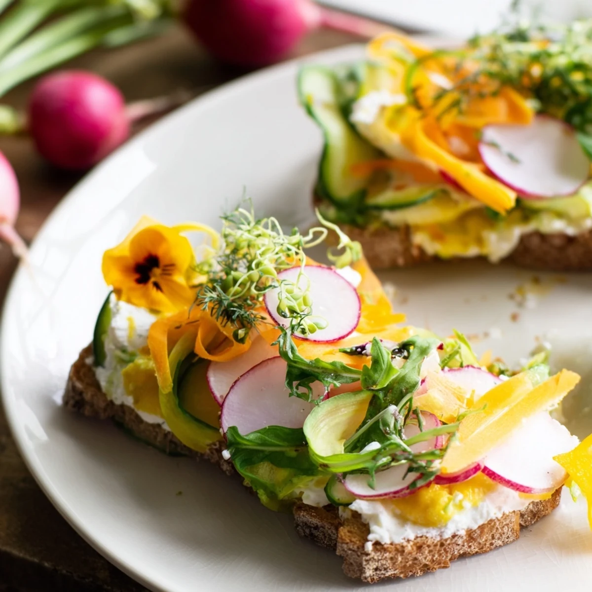 Toasted bread topped with colorful garden vegetables and creamy herbed cheese for Fresh Meadow-Inspired Garden Vegetable Tartines.