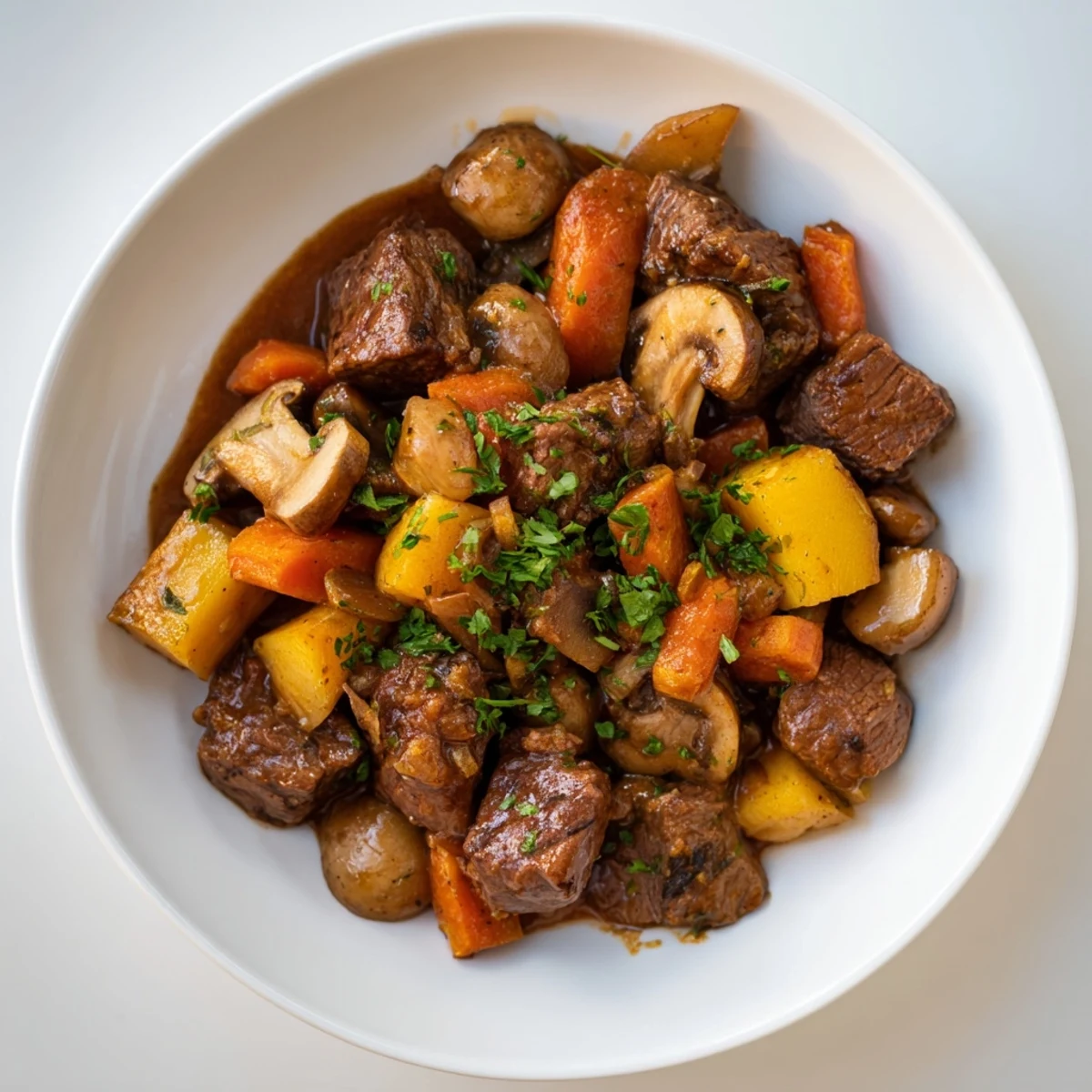 Delicious earthy beef stew with root vegetables, next to a golden slice of the baked homemade bread.
