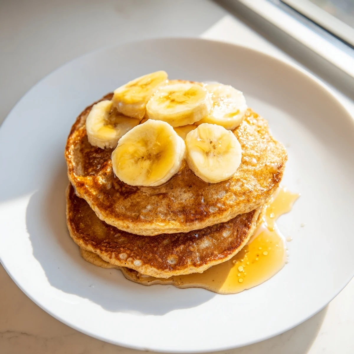 Fluffy Weekend Golden-Brunch Banana Pancakes, drizzled with warm maple syrup, perfect for a cozy brunch.