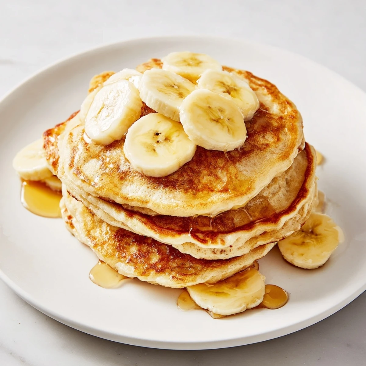 Stack of golden Weekend Golden-Brunch Banana Pancakes with sliced bananas, ready to enjoy.