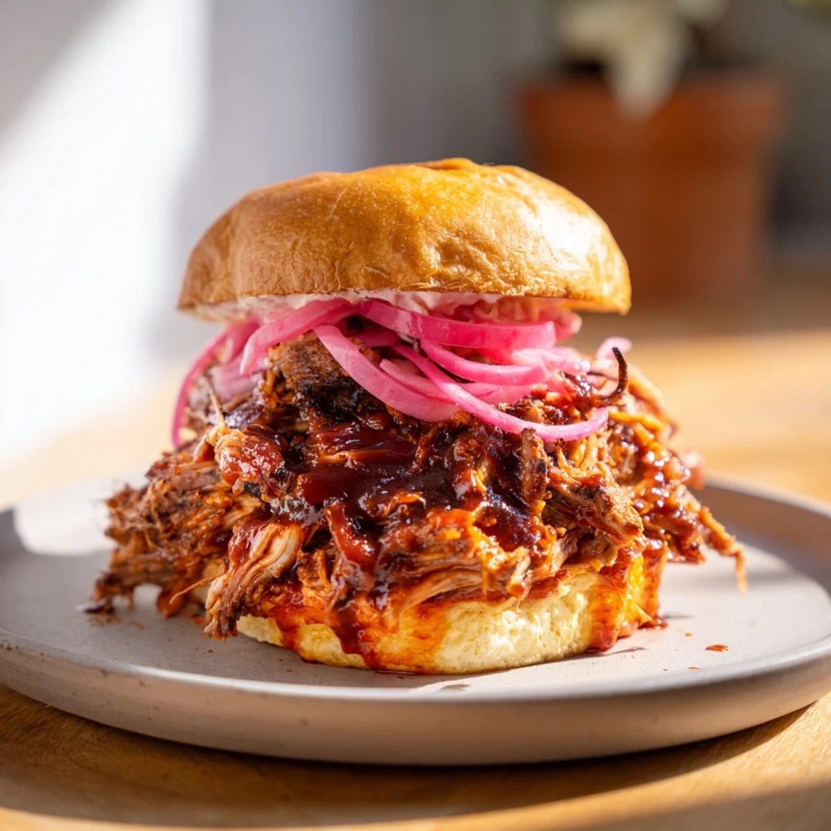 Fire-Kissed BBQ Pulled Pork Sandwiches: Tender, smoky slow-cooked pork piled high on toasted buns, dripping with sauce.