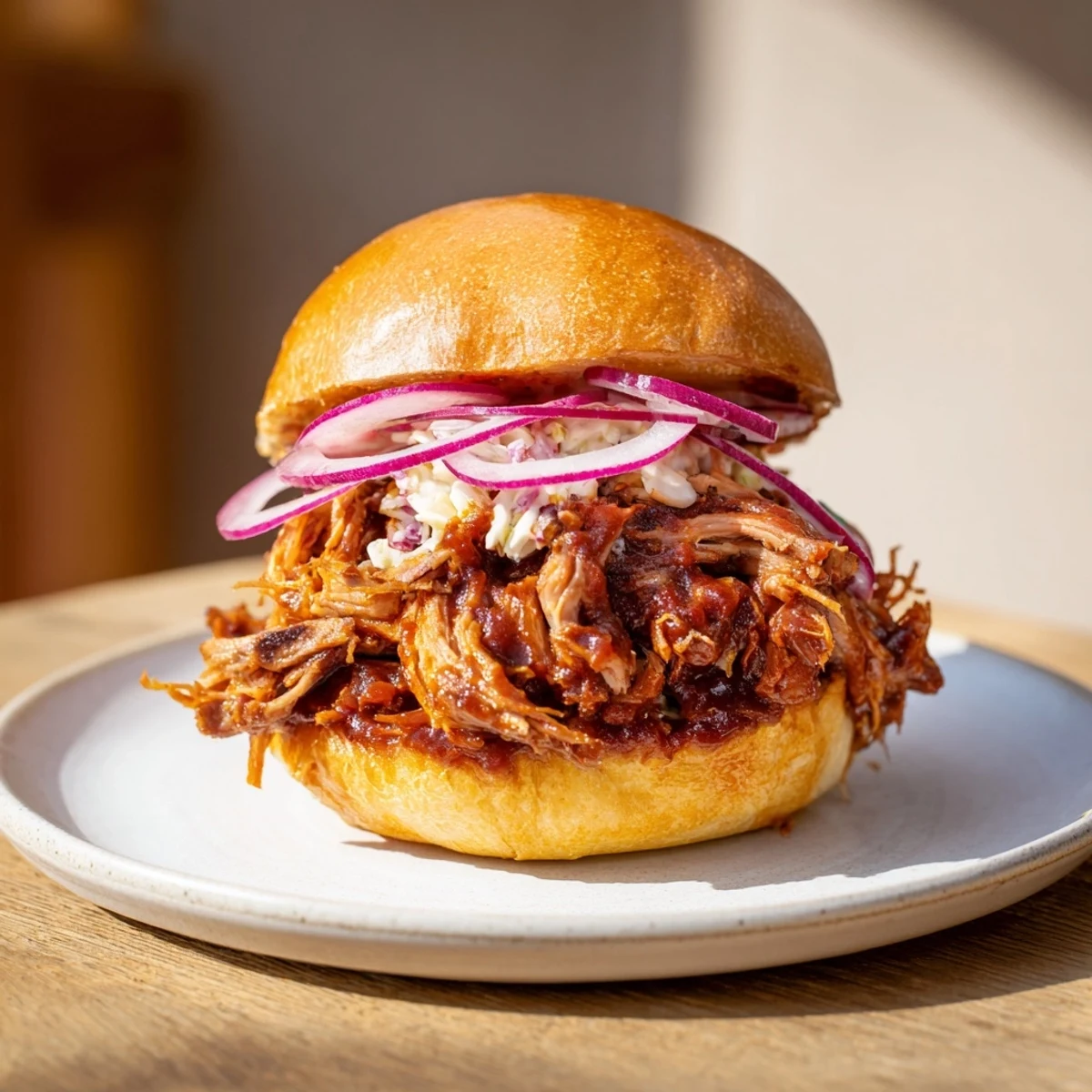 Close-up of Fire-Kissed BBQ Pulled Pork Sandwiches showcasing juicy shredded pork with crispy edges and vibrant herbs.