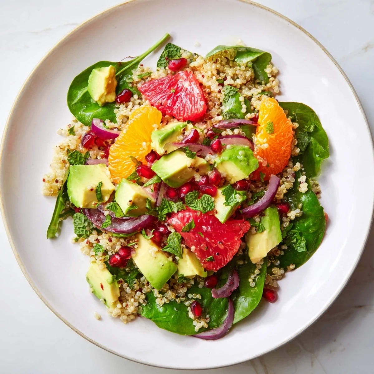 Fresh citrus and avocado quinoa bowl, featuring bright orange and grapefruit segments, ready to eat.