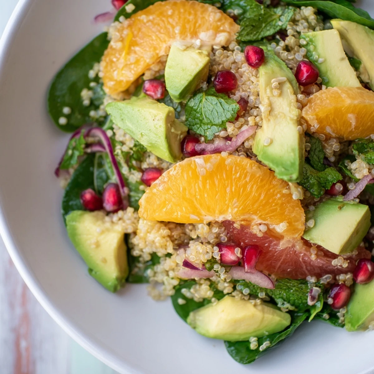 A healthy fresh citrus & avocado quinoa bowl overflowing with colorful, flavorful ingredients, ready to enjoy.