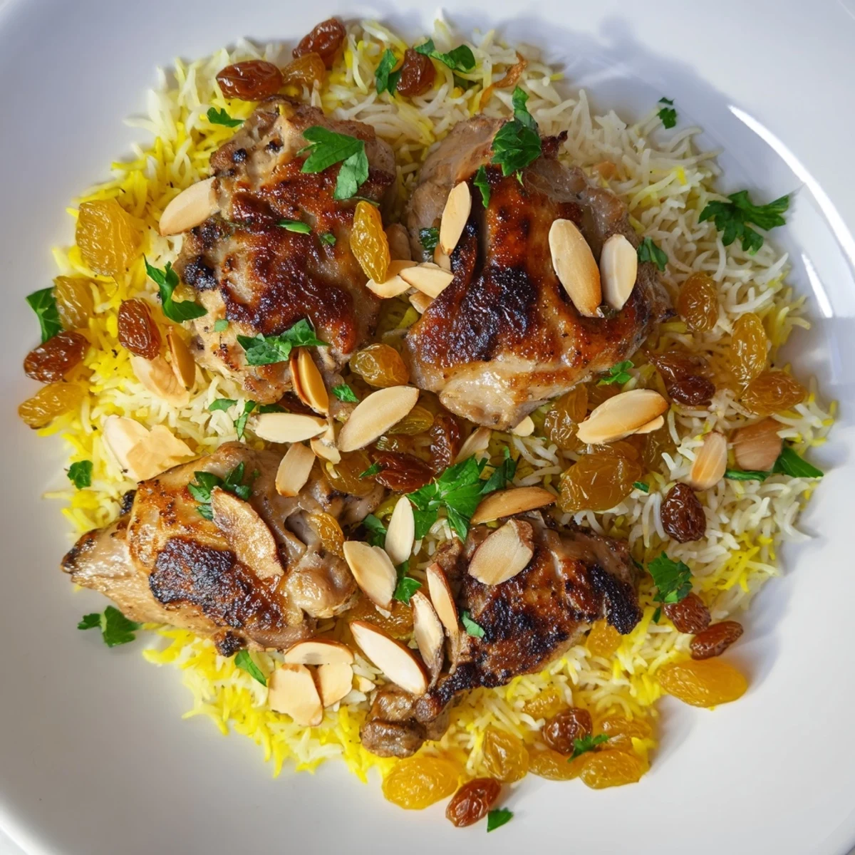 Enjoy a comforting bowl of Saffron Chicken and Rice Pilaf, garnished with almonds and served warm.