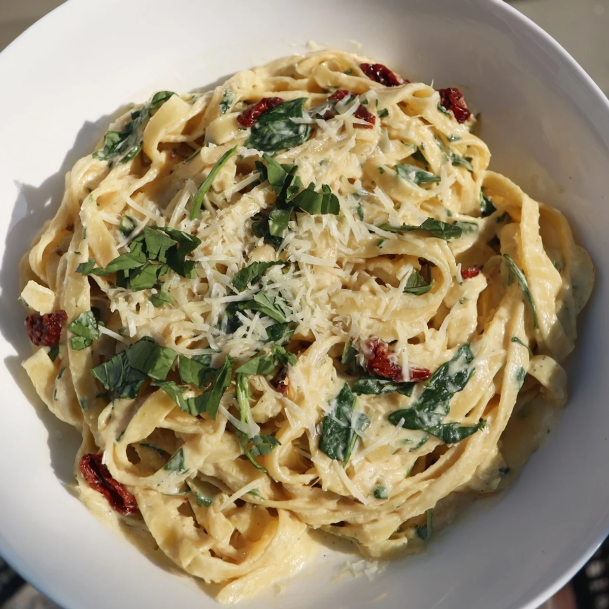 A warm bowl of creamy Tuscan garlic herb pasta with fresh basil and Parmesan.
