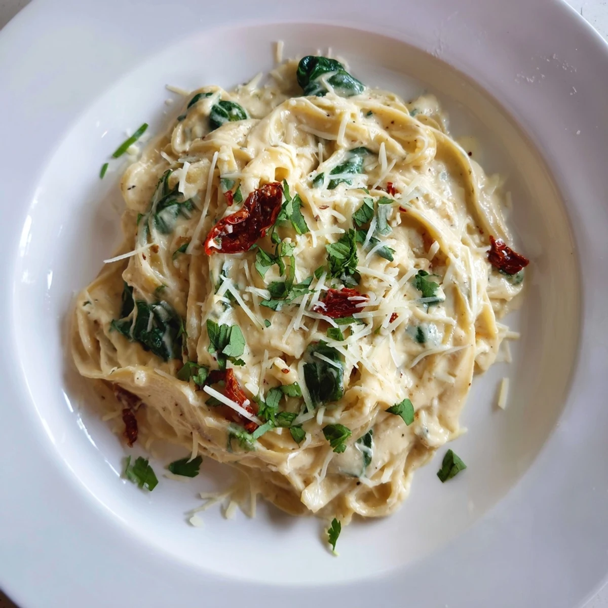 One-Pot creamy Tuscan garlic herb pasta, a flavorful vegetarian main with sun-dried tomatoes.