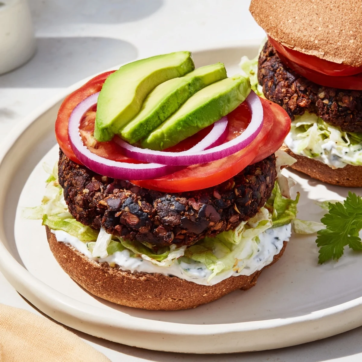 Steaming Zesty Black Bean Burgers topped with creamy avocado on toasted buns, ready to enjoy.