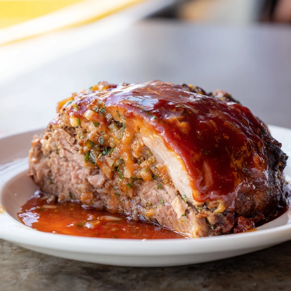 Warm, savory Everyday Herb-Sprigged Turkey Meatloaf with visible flecks of fresh herbs, cooked to perfection.