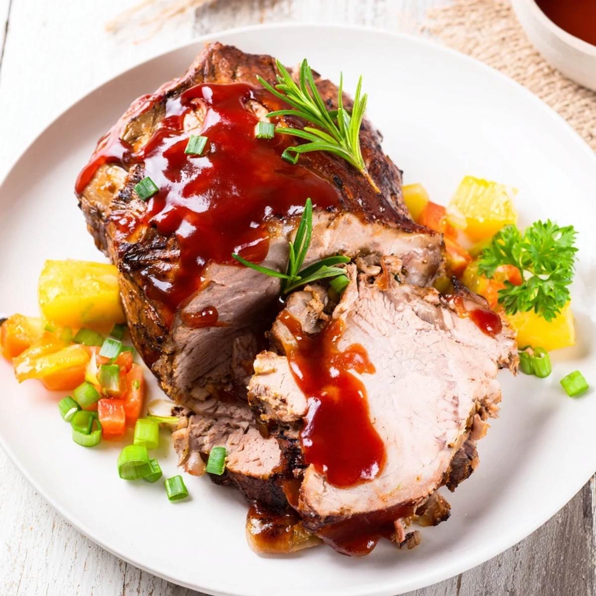 Juicy Everyday Herb-Sprigged Turkey Meatloaf topped with a sweet glaze, ready to serve with sides.