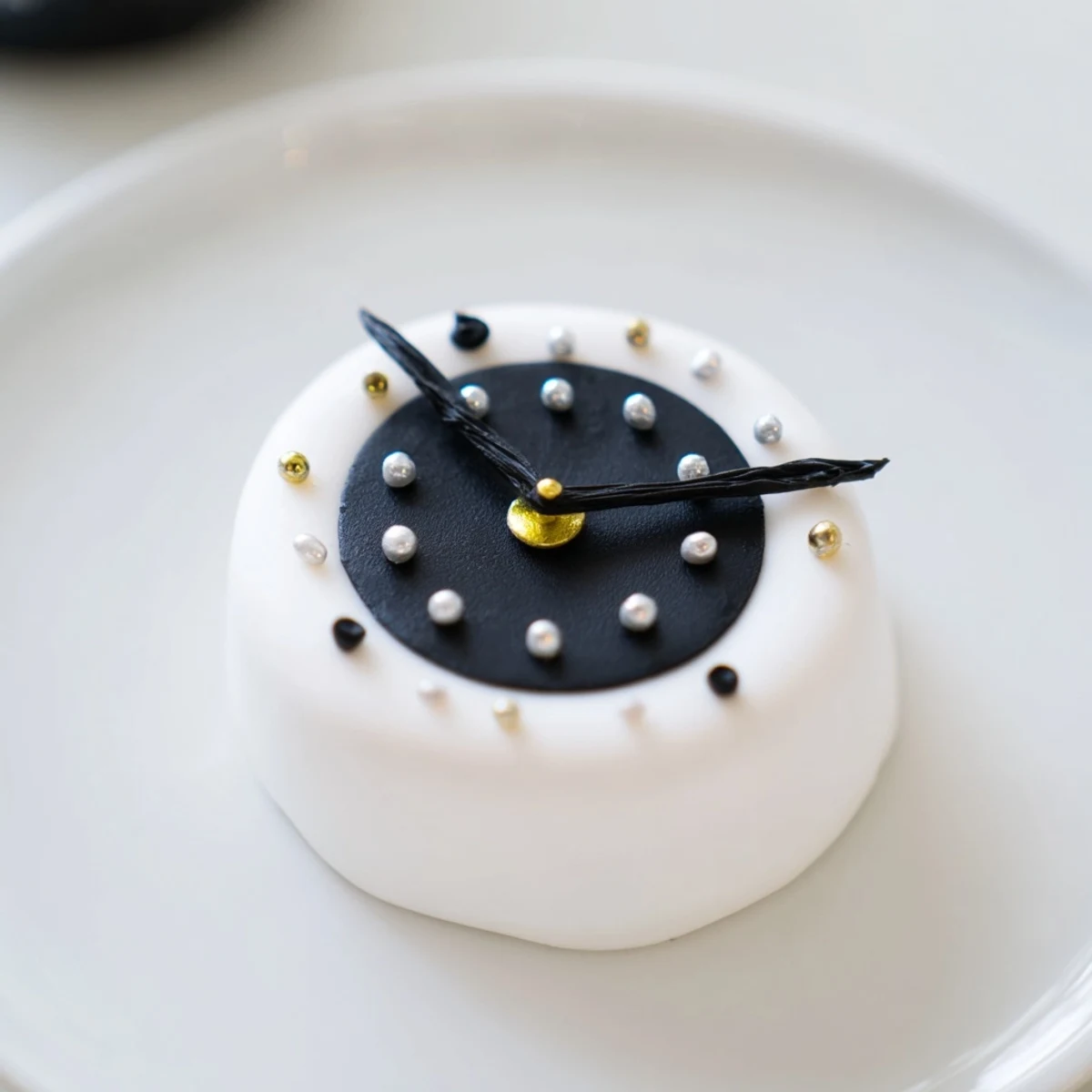Frosted Countdown Clock Mini Desserts with edible pearls, ready for a festive celebration.