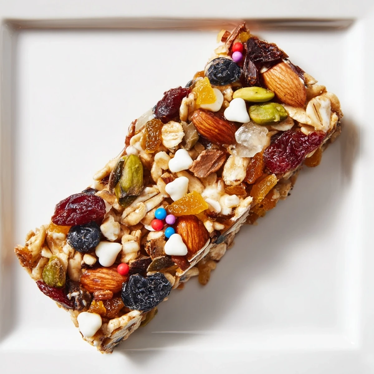 Winter Wonderland Trail Mix Bars: A close-up of the festive, crunchy snack bars with white chocolate drizzle.