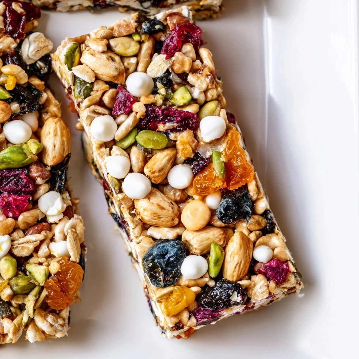 Homemade Winter Wonderland Trail Mix Bars, featuring a delicious assortment of nuts and dried fruits, ready to eat.