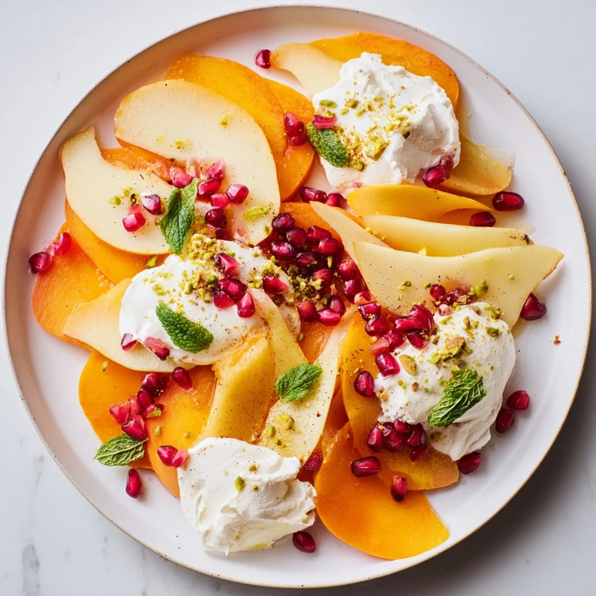 Persimmon and pear snowscape dessert, a visually appealing winter treat with vibrant fruit and creamy topping.