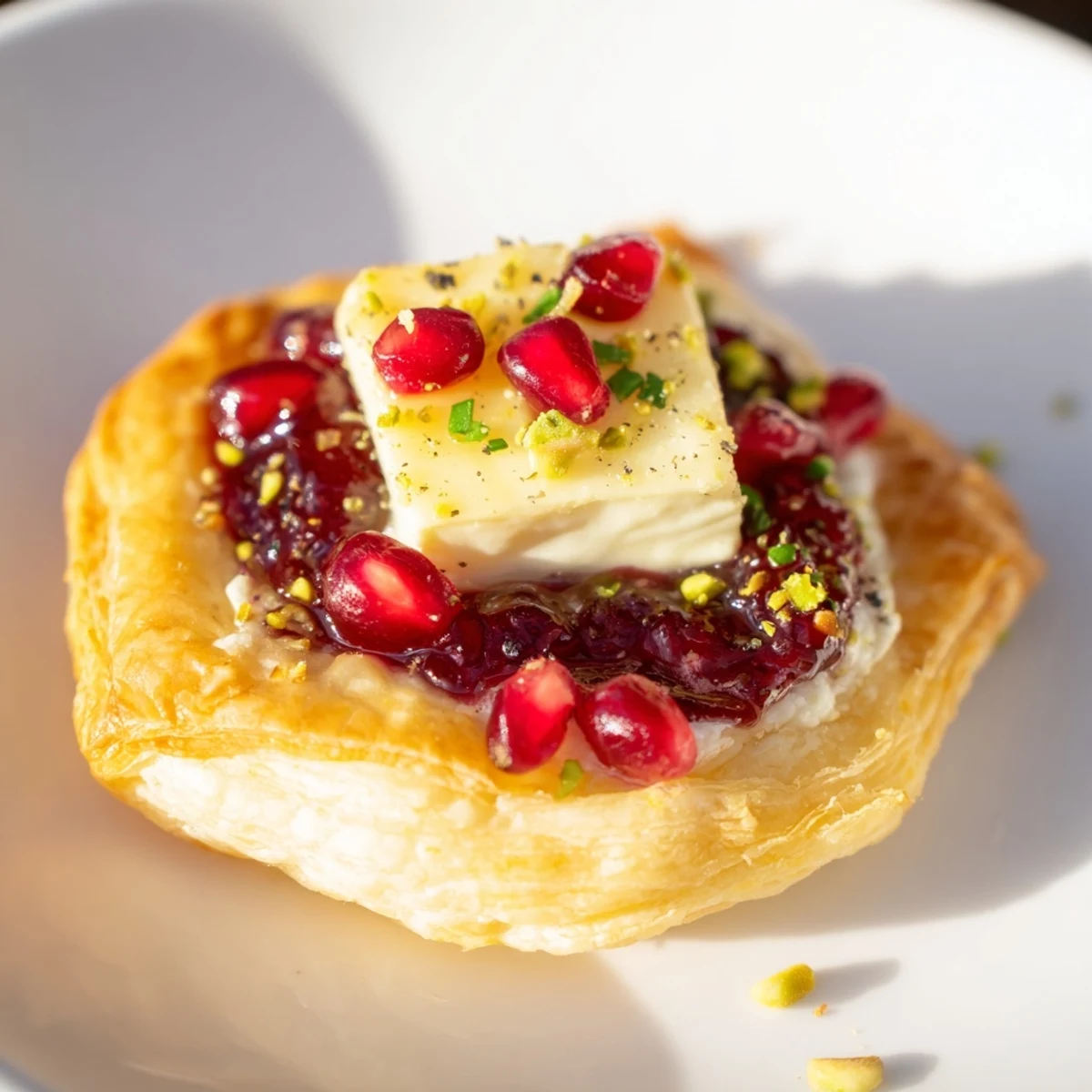 Golden, bubbly Fireworks Brie Tartlets, topped with vibrant pomegranate seeds and fresh herbs, ready to serve.