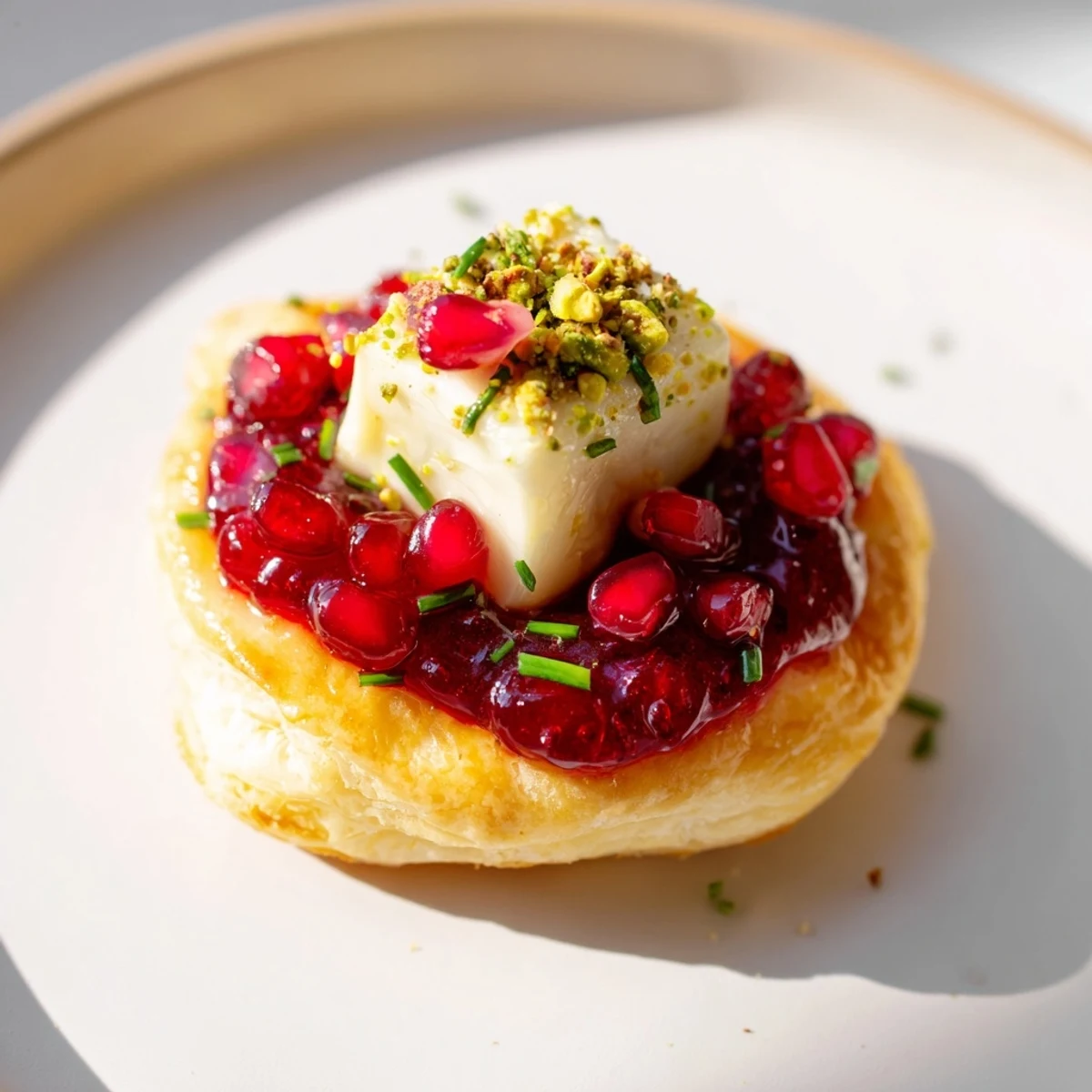 Melted Brie cheese atop flaky pastry, a visually stunning Fireworks brie tartlets appetizer for your celebration.