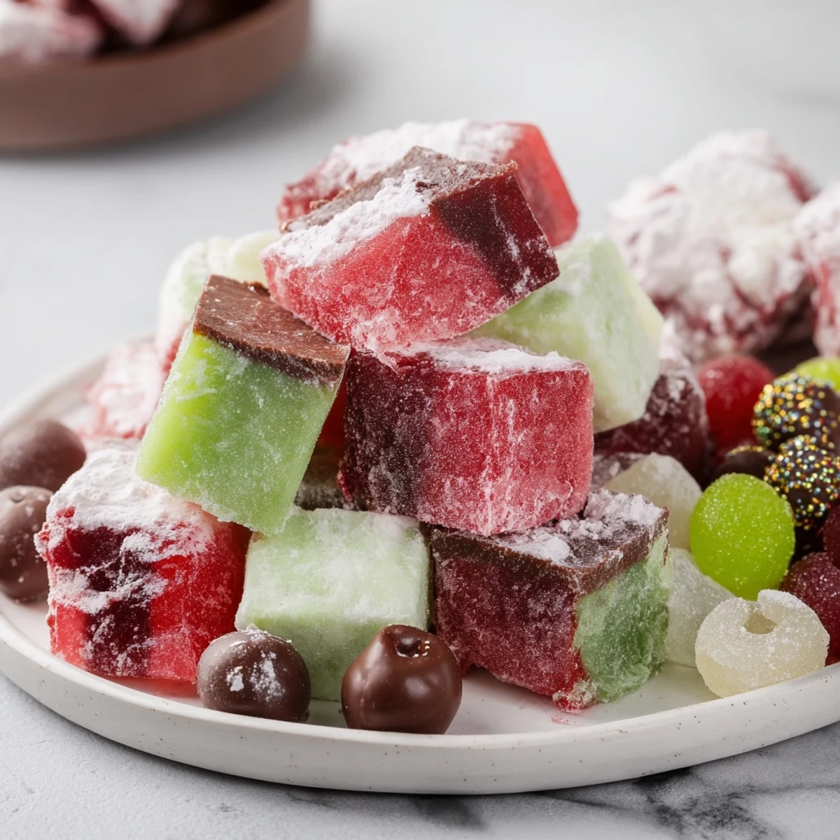 A beautiful Jingle Bell Rock Candy Display, vibrant holiday colors glistening on a dessert platter.