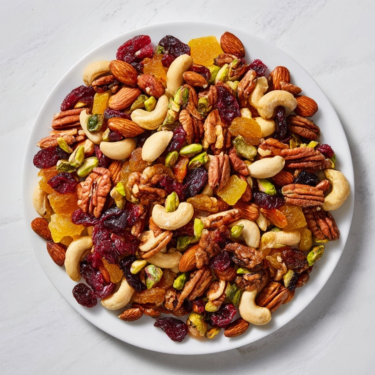 A close-up of a rustic serving bowl overflowing with Easy Party: Assorted Nuts and Dried Fruit Pile ingredients.