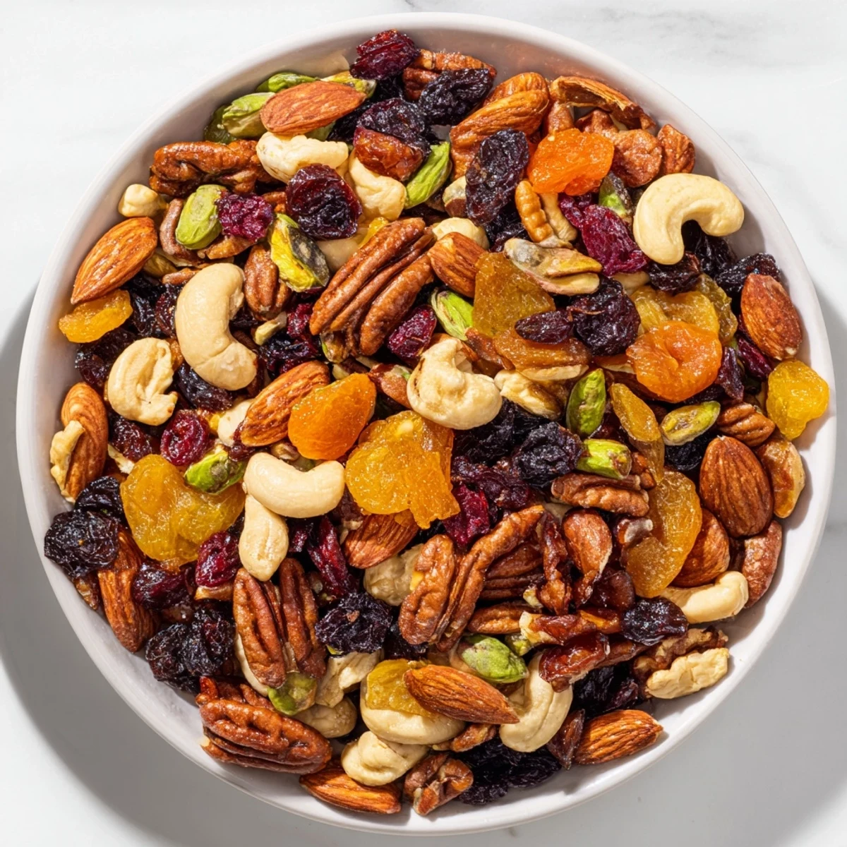 Beautifully arranged assortment of Easy Party: Assorted Nuts and Dried Fruit Pile mix, a colorful snack.