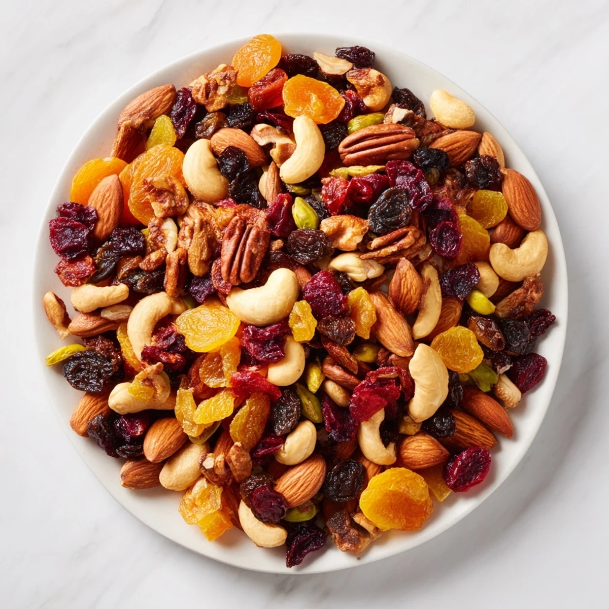 A tempting view of the Easy Party: Assorted Nuts and Dried Fruit Pile, ready for snacking, crunchy and sweet.