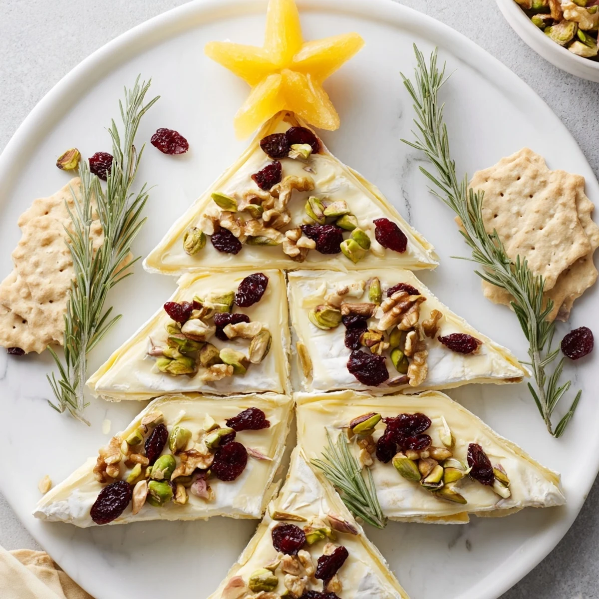 Creamy Simple Brie Triangle Cheese Tree appetizer, adorned with cranberries and pistachios, ready to serve.