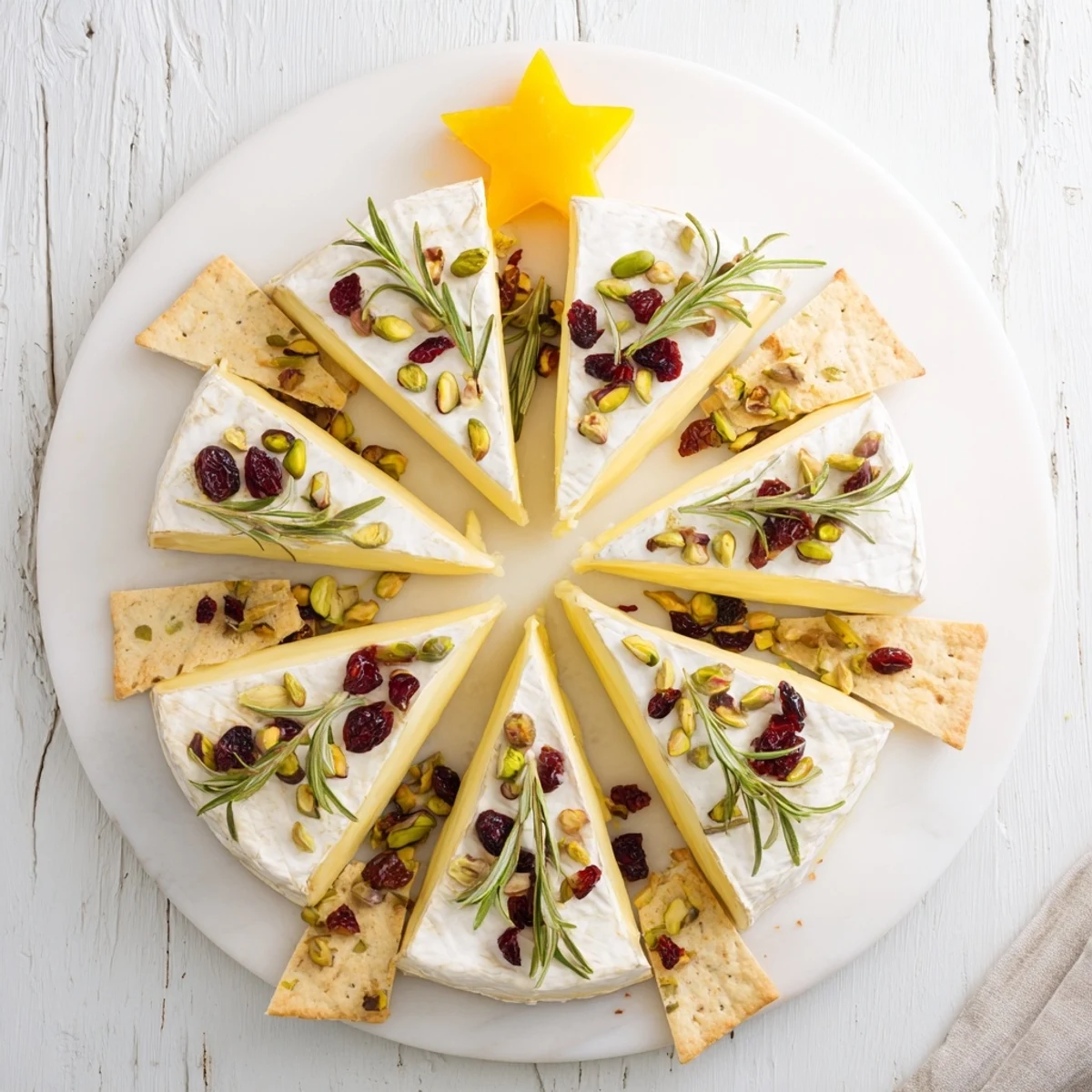 Festive Simple Brie Triangle Cheese Tree arrangement, featuring rosemary and golden Brie wedges, perfect for holiday entertaining.