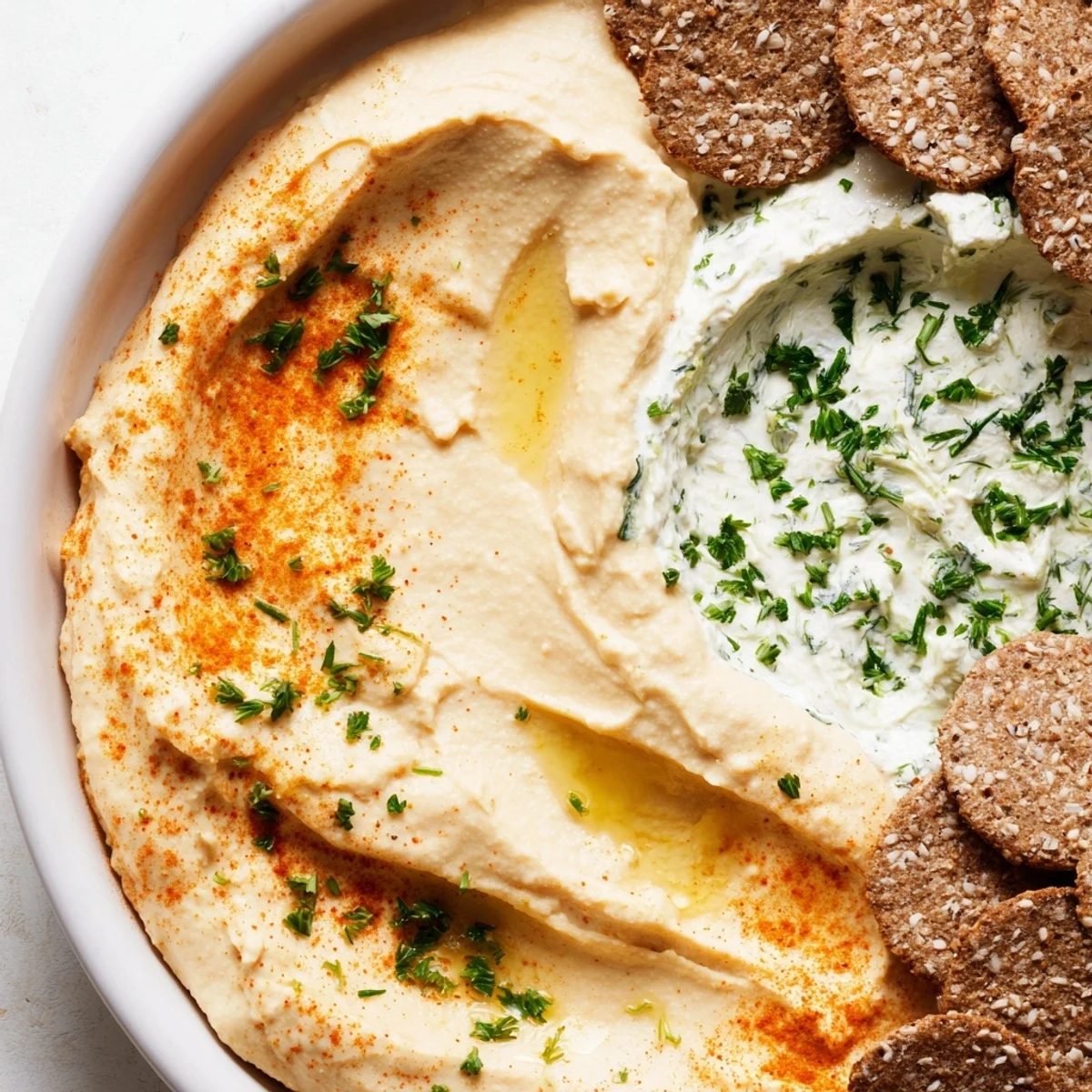 Creamy, vibrant yogurt and hummus Easy Dips, separated by crackers, ready to scoop and enjoy.