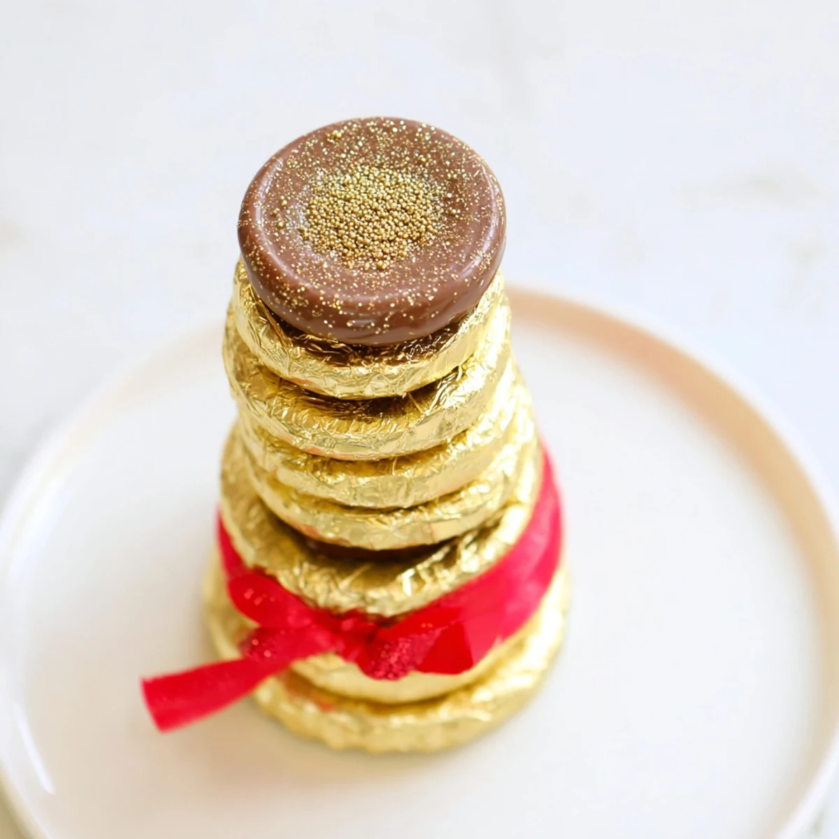Golden, shimmering chocolate gold coin stacks, a festive dessert centerpiece for your holiday parties.