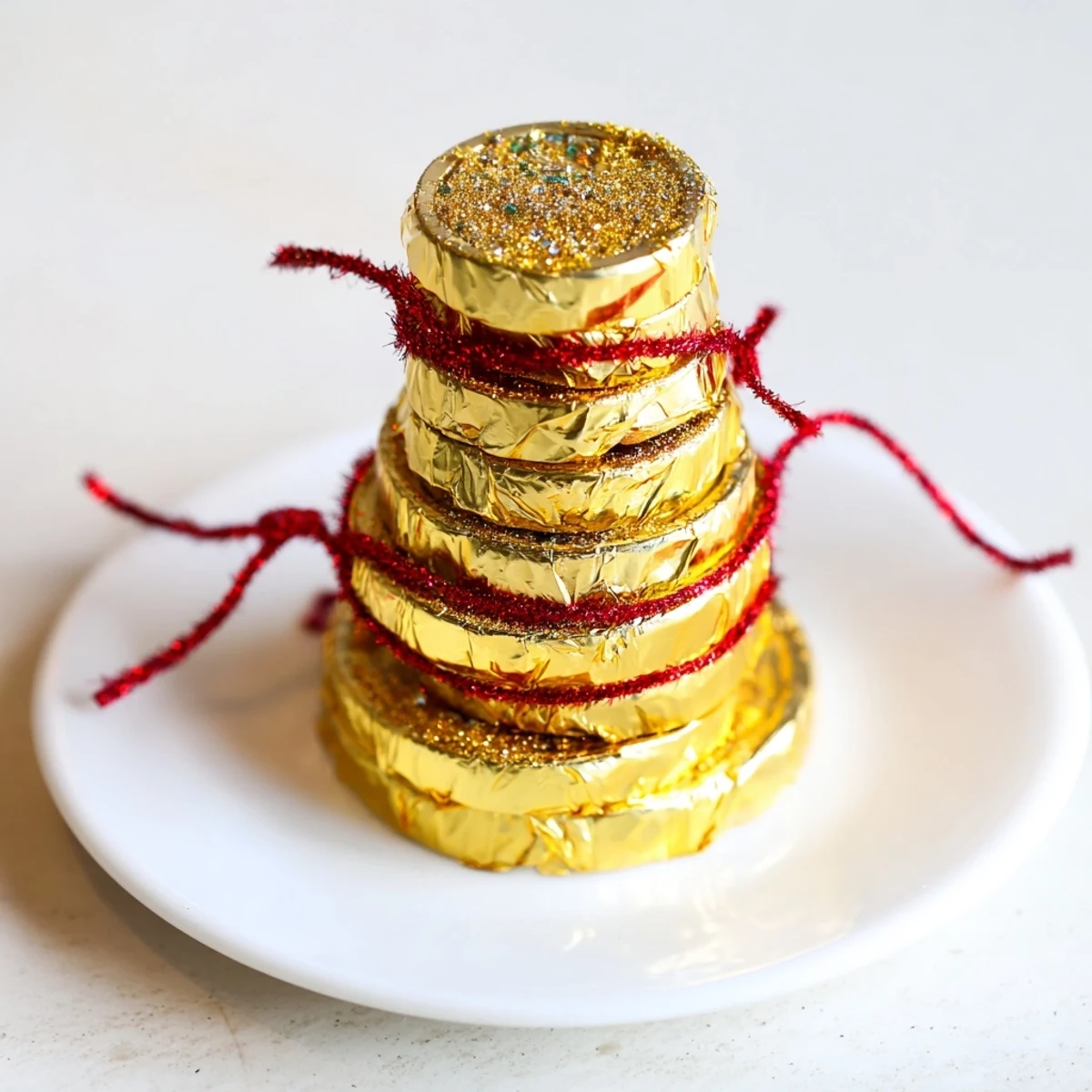 Deliciously stacked chocolate gold coins, tied with festive ribbons, ready for Christmas or parties!