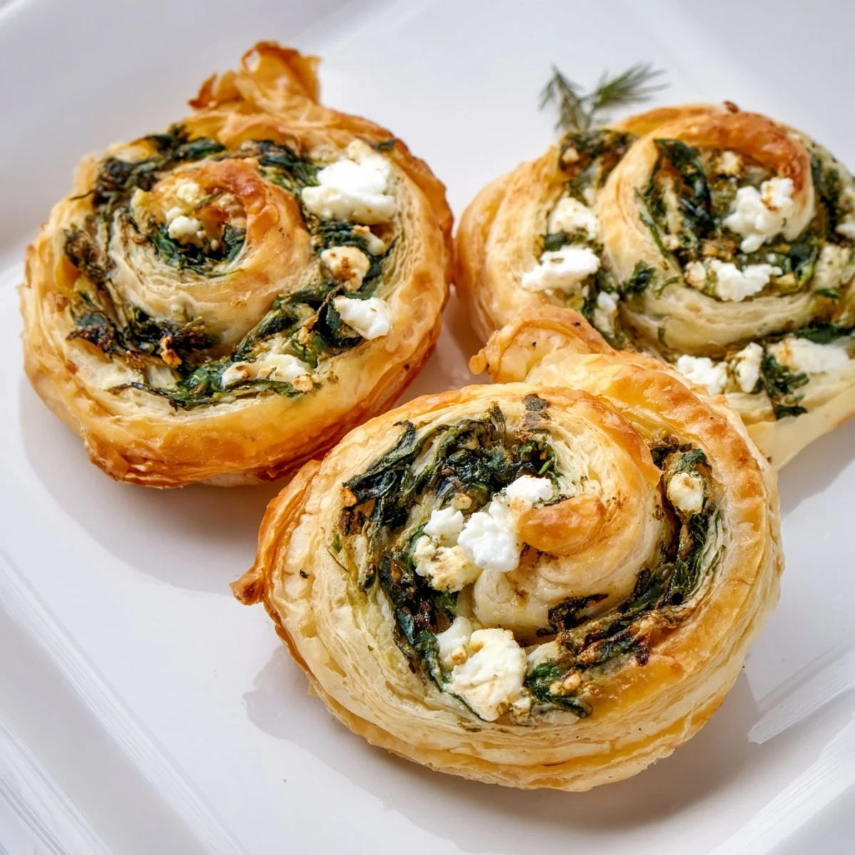 Golden, flaky spinach feta pinwheel spirals, warm from the oven, perfect for a savory appetizer.