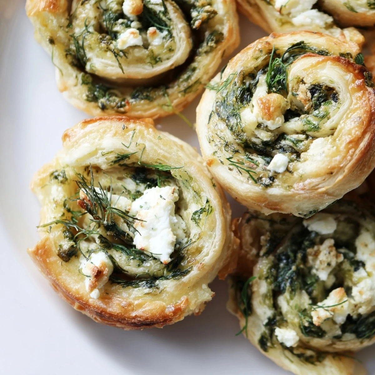 Close-up of baked savory spinach feta pinwheels, displaying layers of pastry and creamy filling.